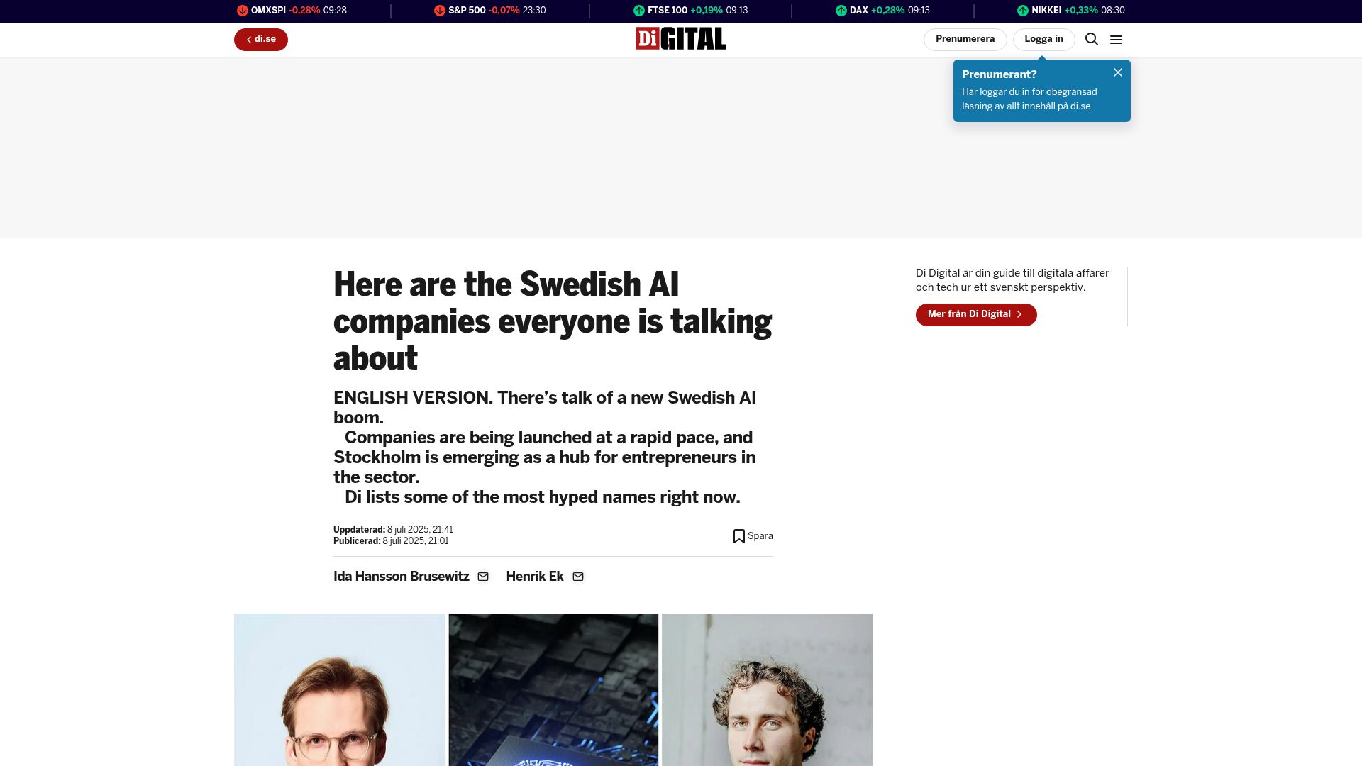 Screenshot of di.se: 40 Hot Swedish AI Startups