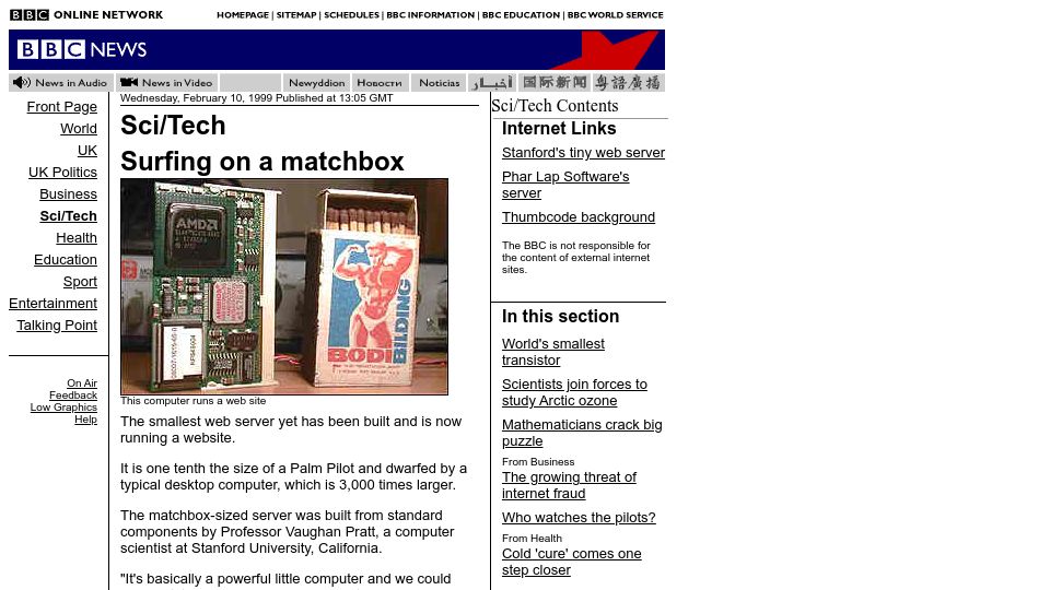 Screenshot of news.bbc.co.uk: Surfing on a Matchbox (1999)