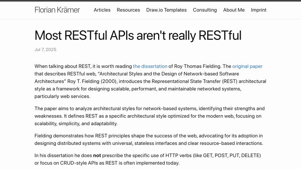 Screenshot of florian-kraemer.net: Most RESTful APIs aren't really RESTful