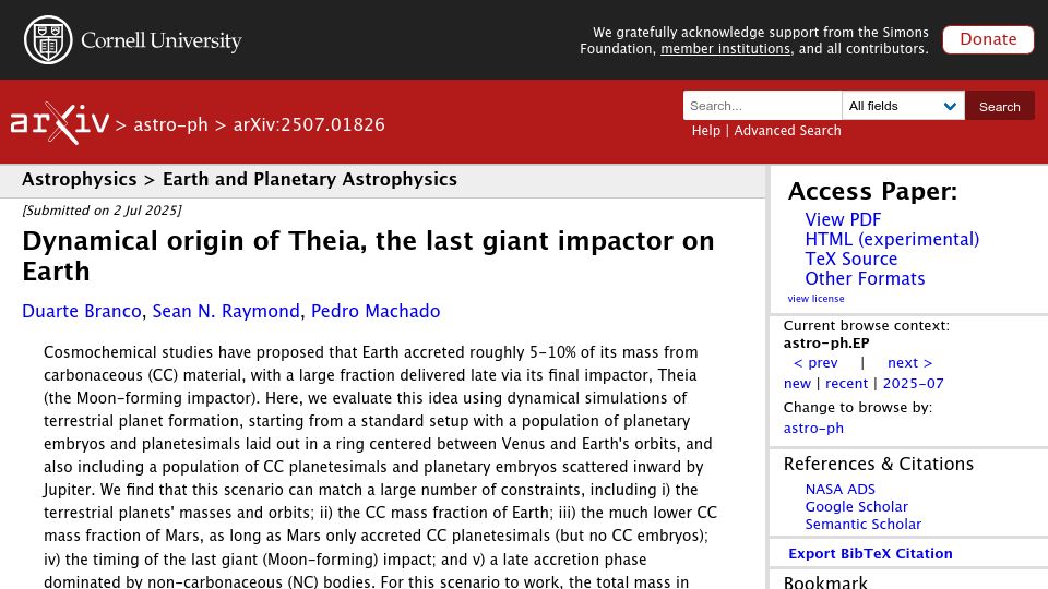 Screenshot of arxiv.org: Dynamical origin of Theia, the last giant impactor on Earth