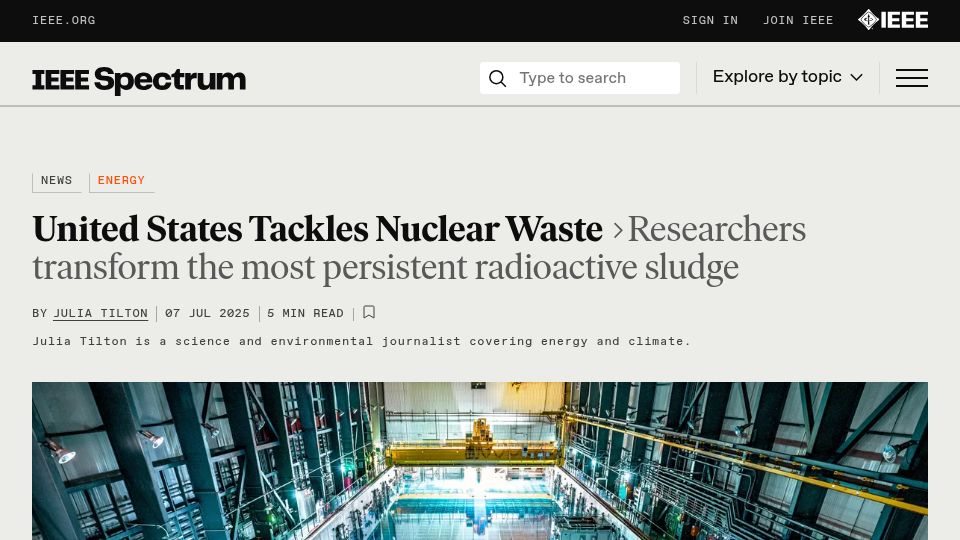 Screenshot of spectrum.ieee.org: Nuclear Waste Reprocessing Gains Momentum in the U.S.