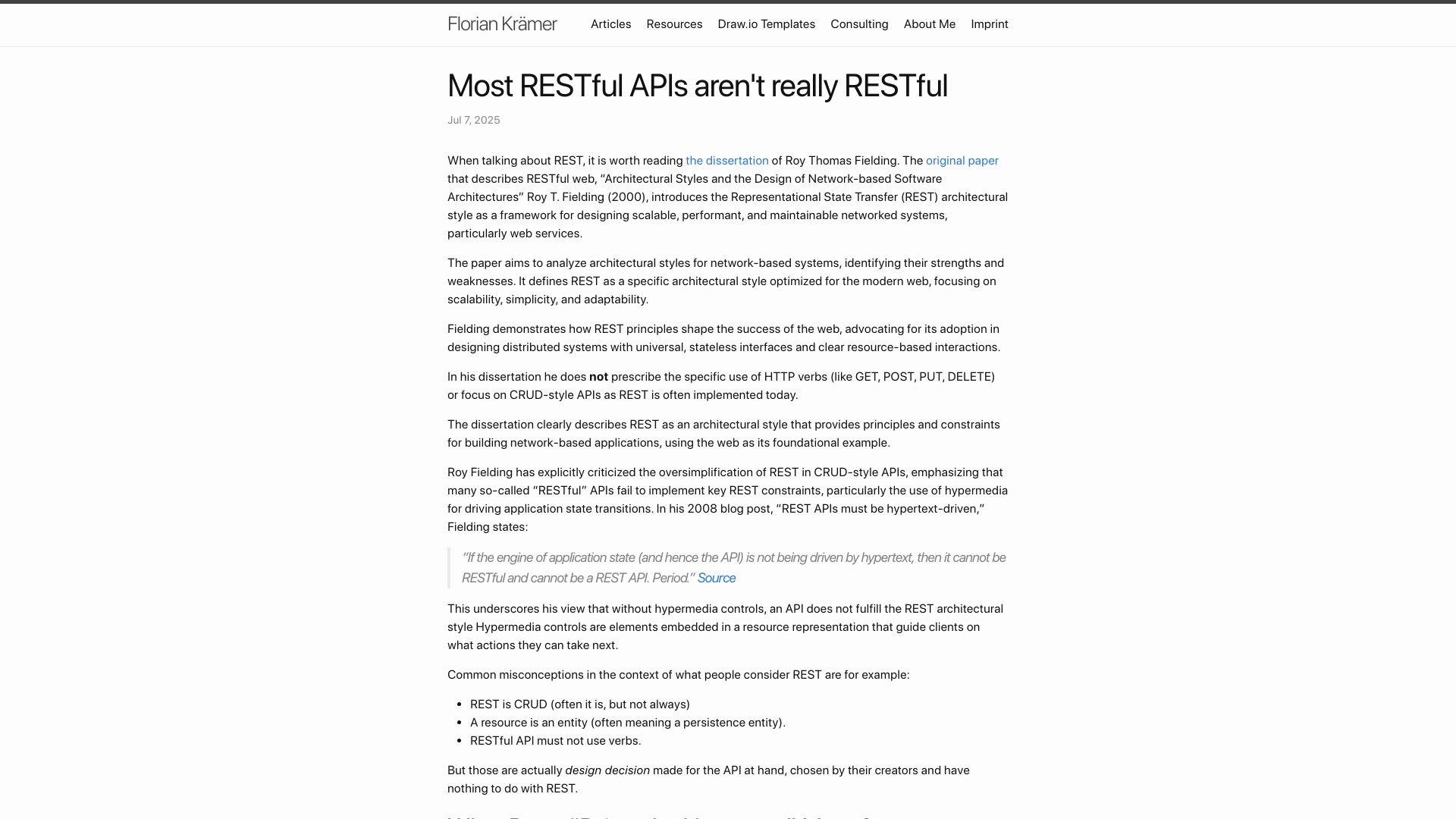 Screenshot of florian-kraemer.net: Most RESTful APIs aren't really RESTful