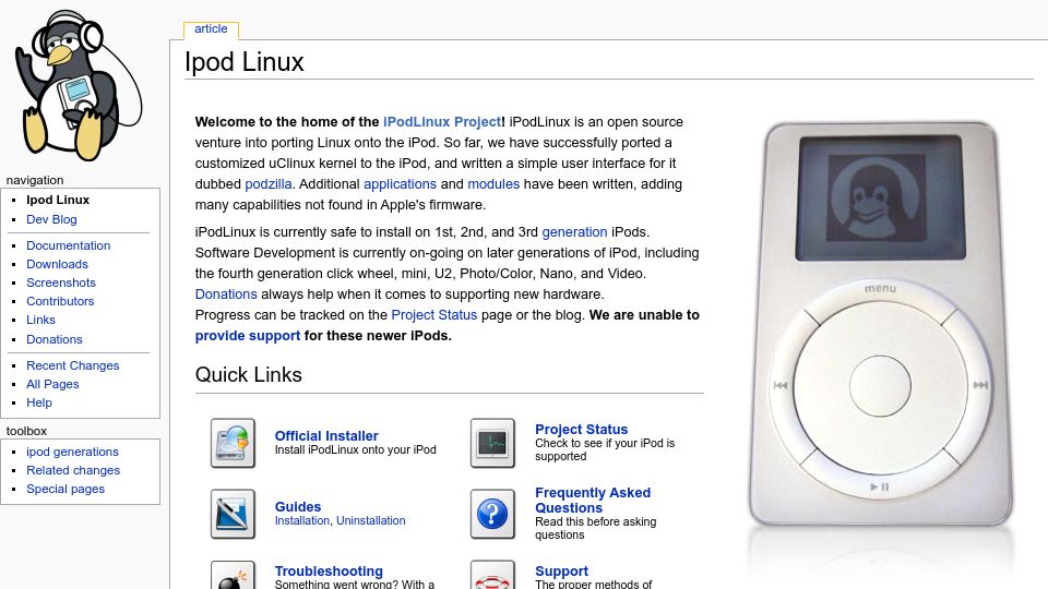 Screenshot of ipodlinux.org: iPod Linux (2017)