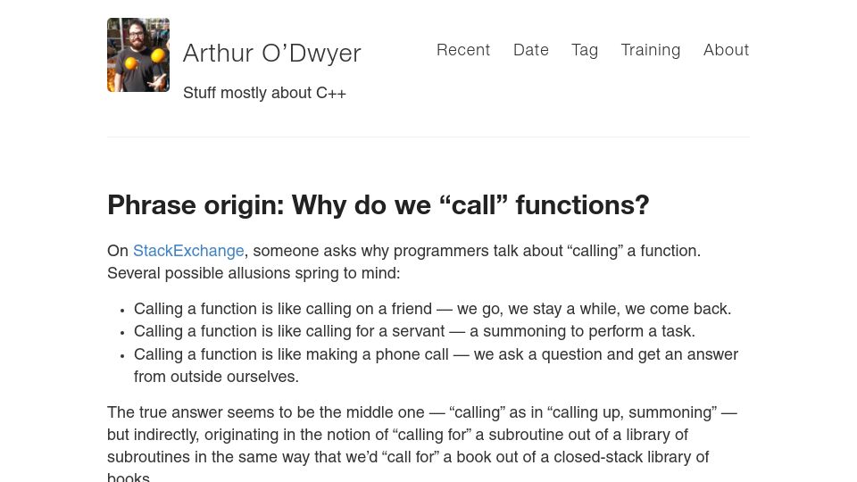 Screenshot of quuxplusone.github.io: Phrase origin: Why do we "call" functions?