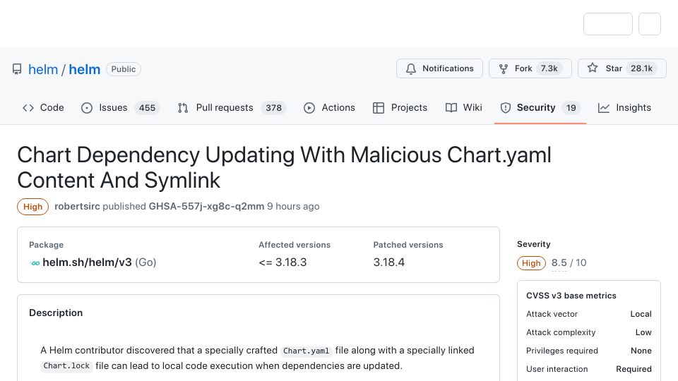 Screenshot of github.com: Helm local code execution via a malicious chart