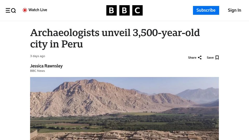 Screenshot of bbc.co.uk: Archaeologists unveil 3,500-year-old city in Peru
