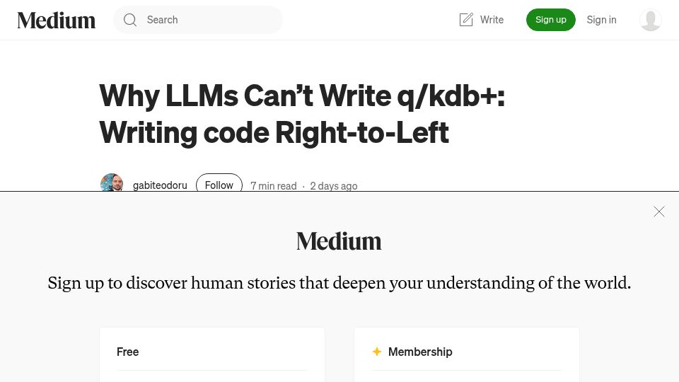Screenshot of medium.com: Why LLMs Can't Write Q/Kdb+: Writing Code Right-to-Left