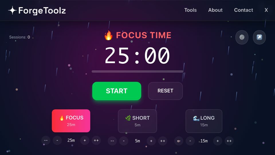 Screenshot of forgetoolz.com: Show HN: A rain Pomodoro with brown noise, ASMR, and Middle Eastern music