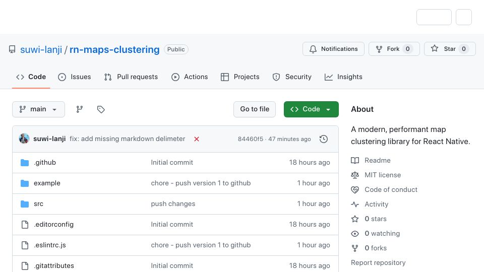 Screenshot of github.com: Show HN: I rewrote an outdated React Native map clustering library