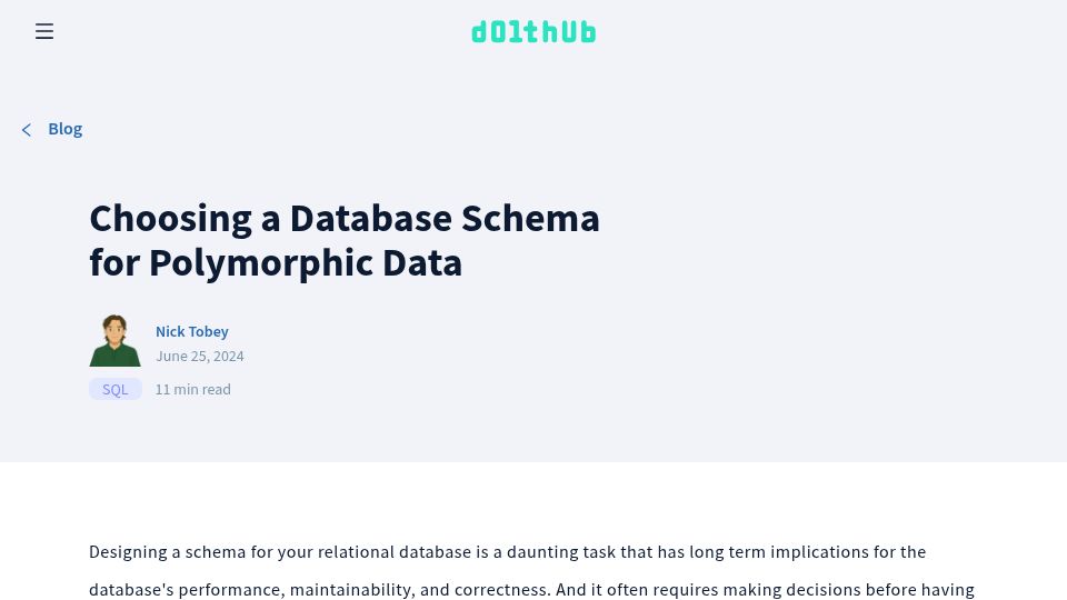 Screenshot of dolthub.com: Choosing a Database Schema for Polymorphic Data (2024)