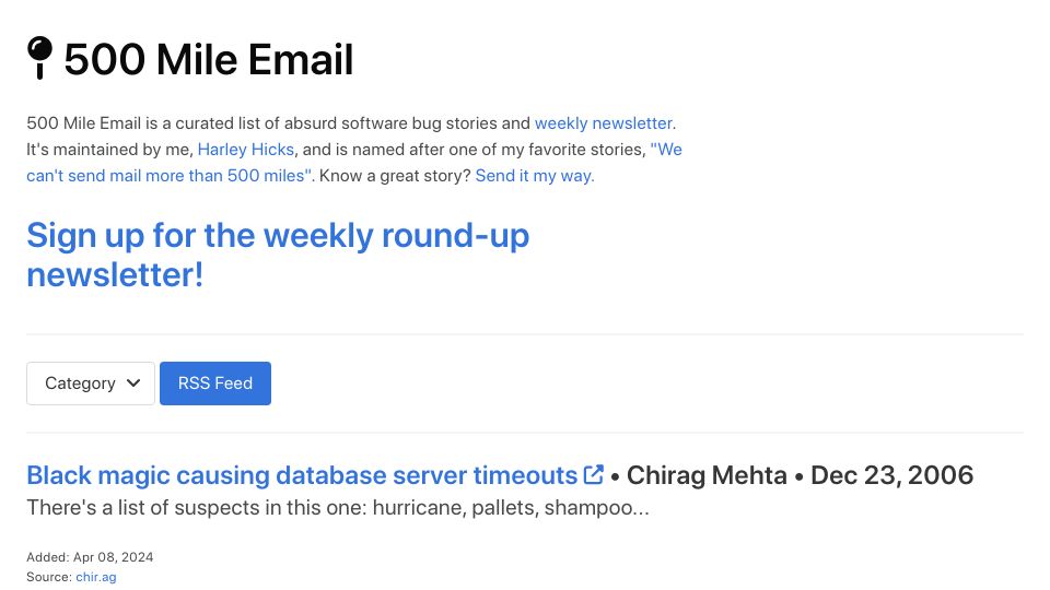 Screenshot of 500mile.email: Bug Stories