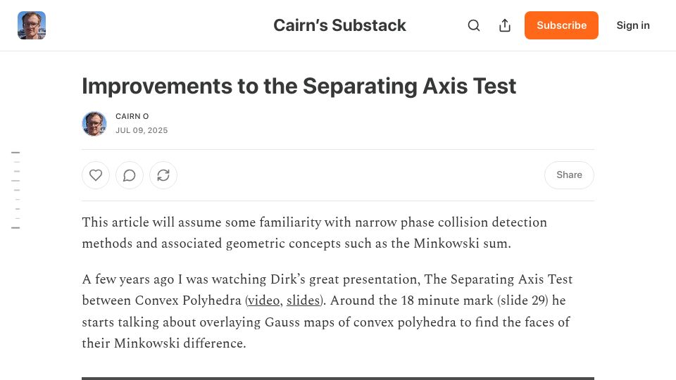 Screenshot of cairno.substack.com: A fast 3D collision detection algorithm