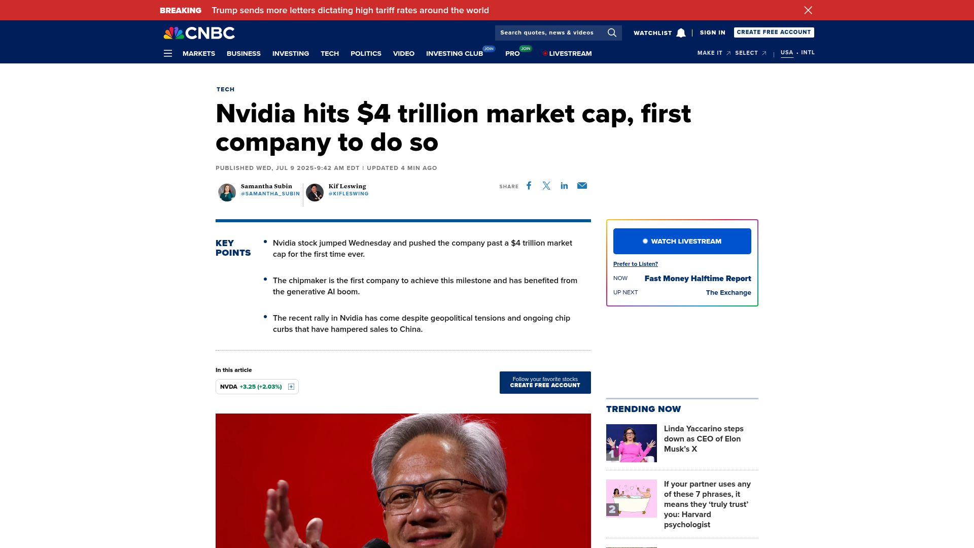 Screenshot of cnbc.com: Nvidia Becomes First Company to Reach $4T Market Cap