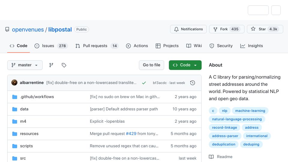 Screenshot of github.com: Libpostal: C library for parsing/normalizing street addresses around the world