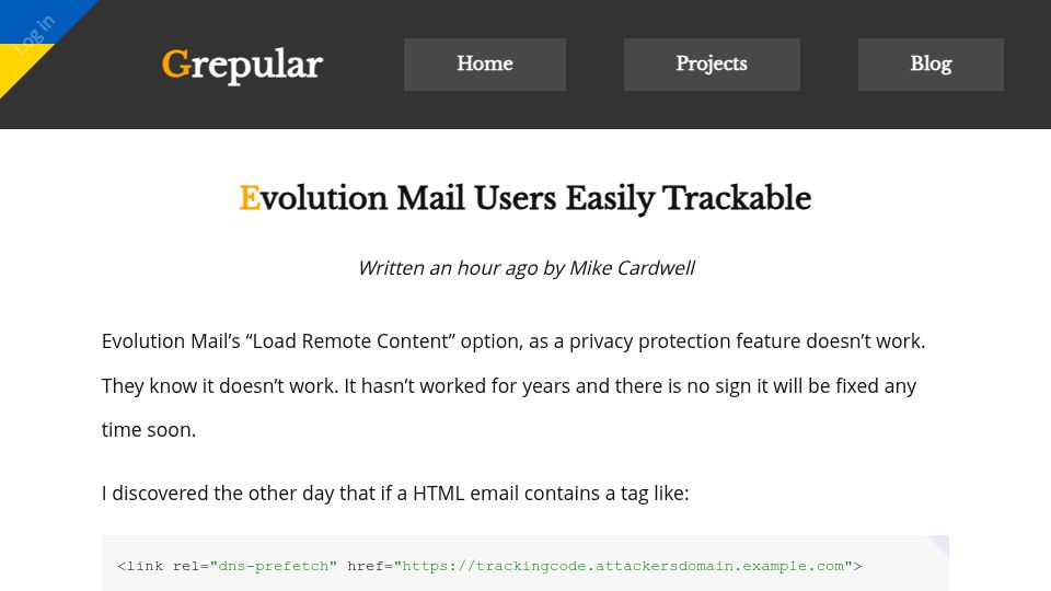 Screenshot of grepular.com: Evolution Mail Users Easily Trackable