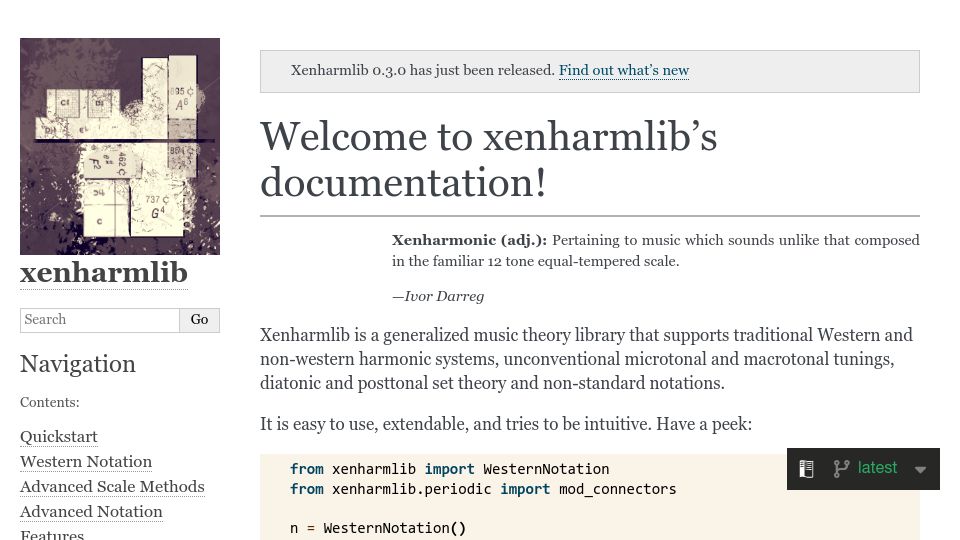 Screenshot of xenharmlib.readthedocs.io: Xenharmlib: A music theory library that supports non-western harmonic systems