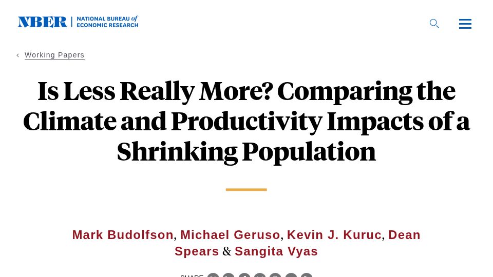Screenshot of nber.org: Comparing the Climate and Productivity Impacts of a Shrinking Population