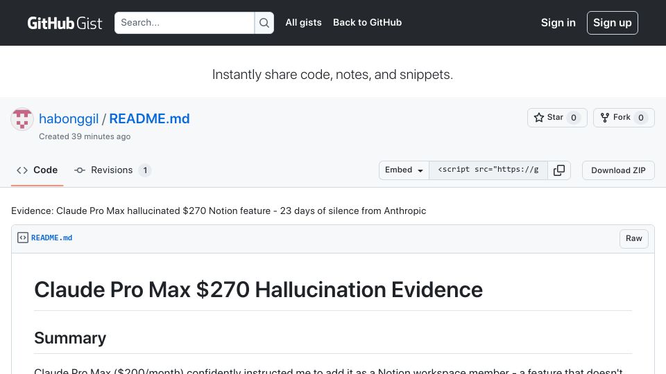 Screenshot of gist.github.com: Claude Pro Max hallucinated a $270 Notion feature that doesn't exist