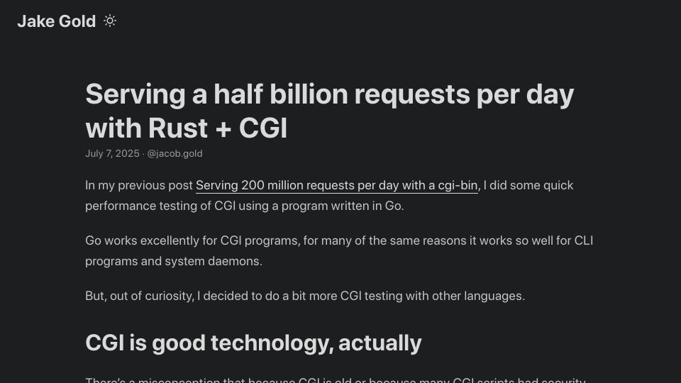 Screenshot of jacob.gold: Serving a half billion requests per day with Rust and CGI