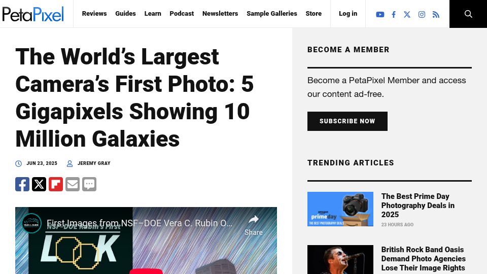 Screenshot of petapixel.com: The Largest Camera Captures 10⁷ Galaxies, Discovers 2,104 Asteroids