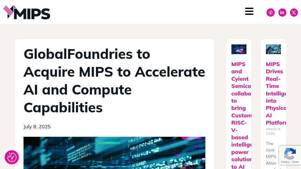 Screenshot of mips.com: GlobalFoundries to Acquire MIPS