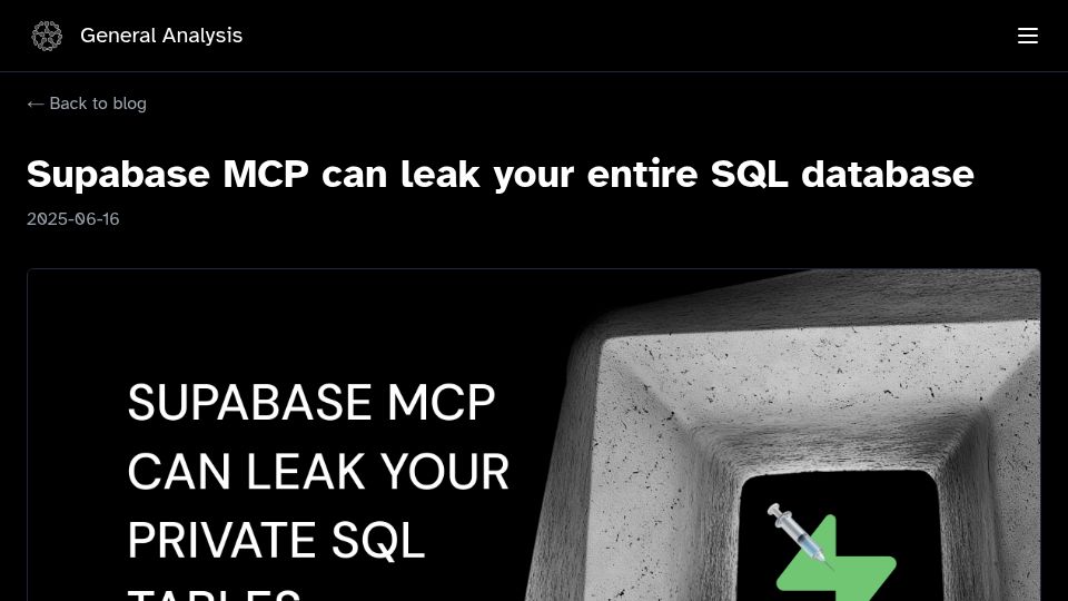 Screenshot of generalanalysis.com: Supabase MCP can leak your entire SQL database