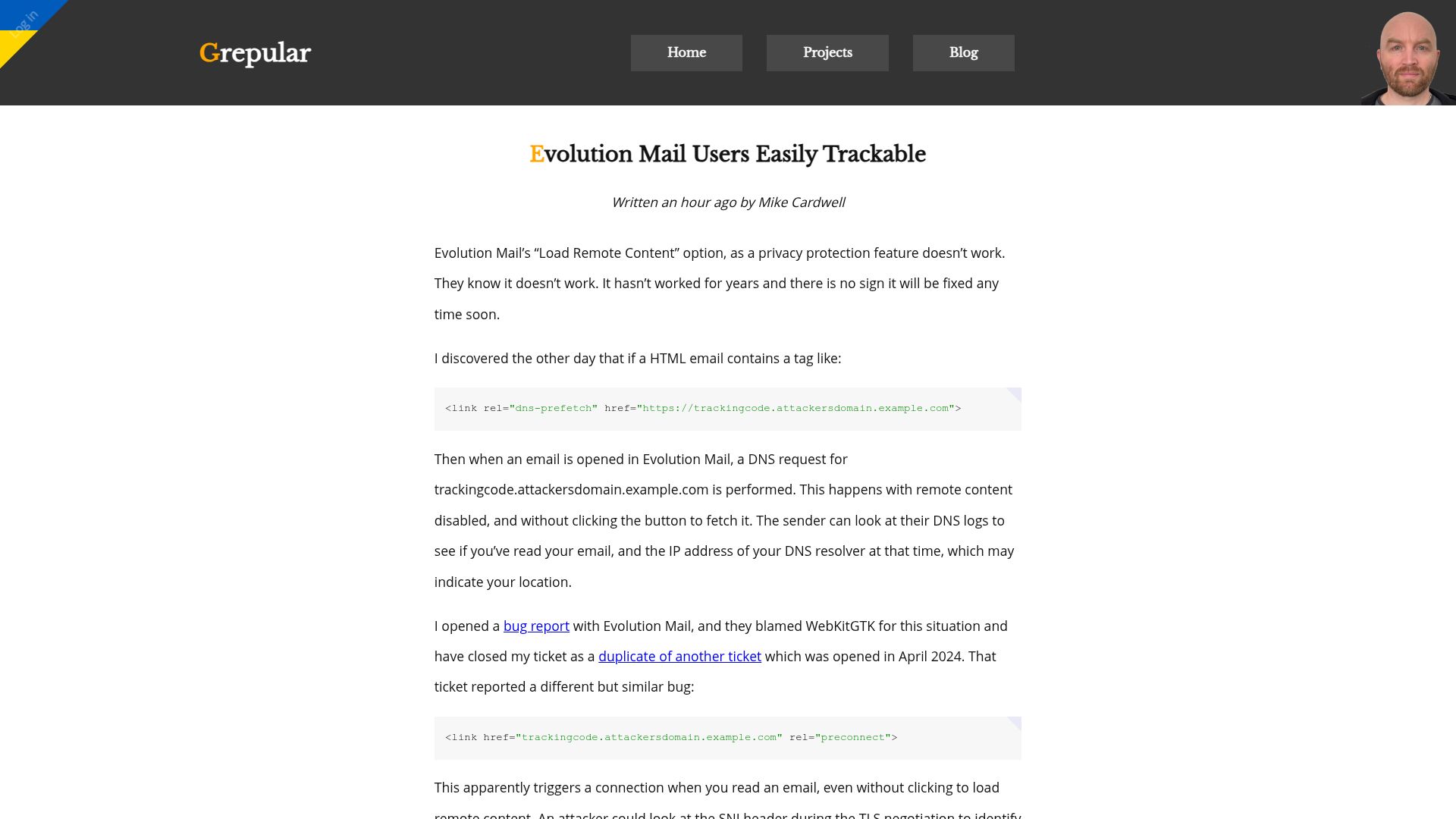 Screenshot of grepular.com: Evolution Mail Users Easily Trackable
