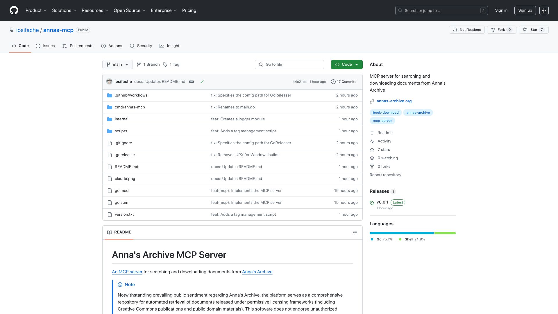 Screenshot of github.com: Show HN: MCP server for searching and downloading documents from Anna's Archive