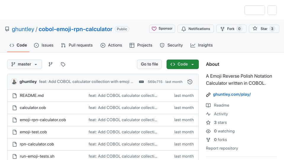 Screenshot of github.com: A Emoji Reverse Polish Notation Calculator Written in COBOL