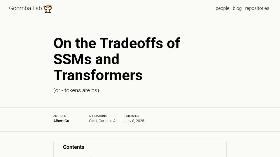 Screenshot of goombalab.github.io: The Tradeoffs of SSMs and Transformers