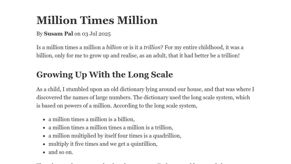 Screenshot of susam.net: Million Times Million