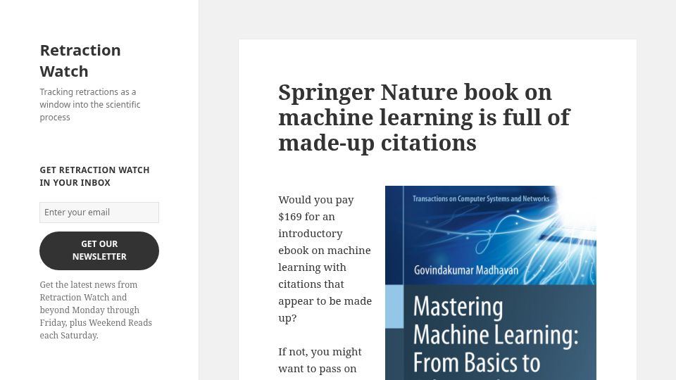 Screenshot of retractionwatch.com: Springer Nature book on machine learning is full of made-up citations