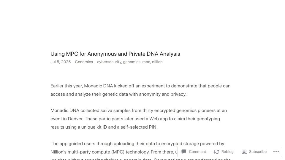 Screenshot of vishakh.blog: Using MPC for Anonymous and Private DNA Analysis