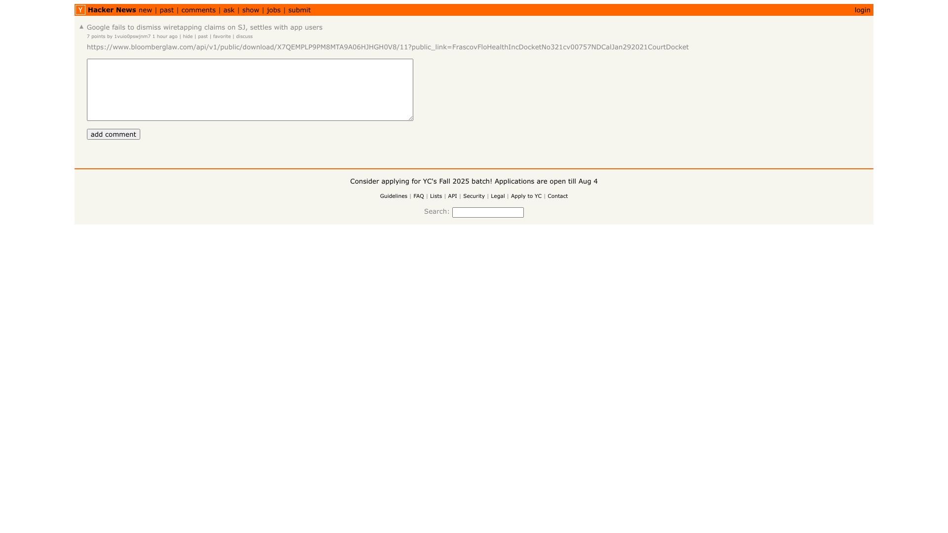 Screenshot of this Hacker News post: Google fails to dismiss wiretapping claims on SJ, settles with app users