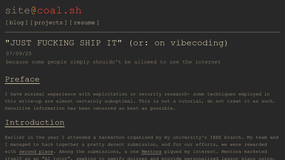 Screenshot of coal.sh: "Just Fucking Ship IT" (Or: On Vibecoding)