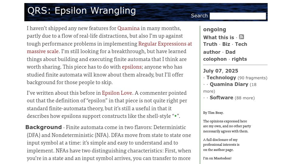 Screenshot of tbray.org: QRS: Epsilon Wrangling