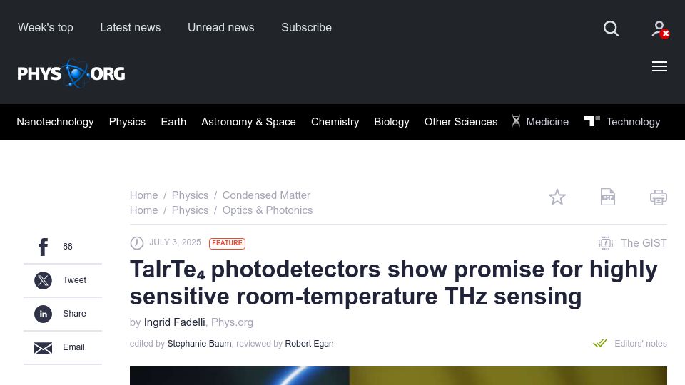 Screenshot of phys.org: TaIrTe₄ photodetectors show promise for sensitive room-temperature THz sensing