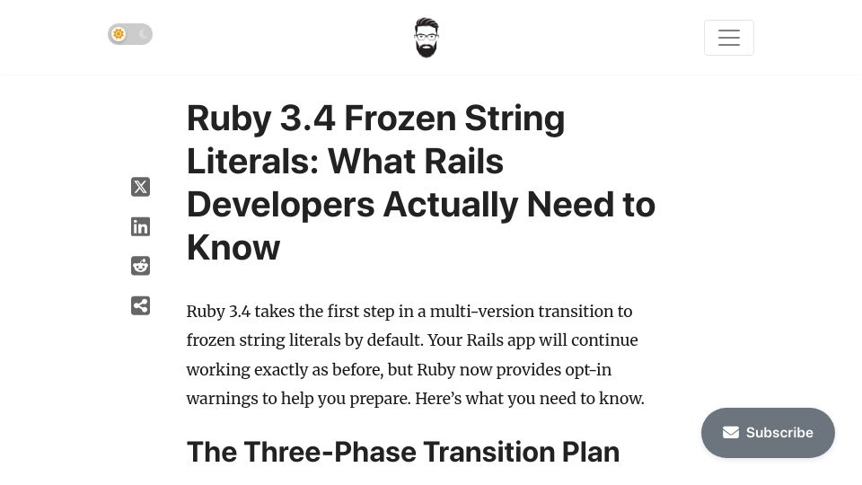 Screenshot of prateekcodes.dev: Ruby 3.4 frozen string literals: What Rails developers need to know