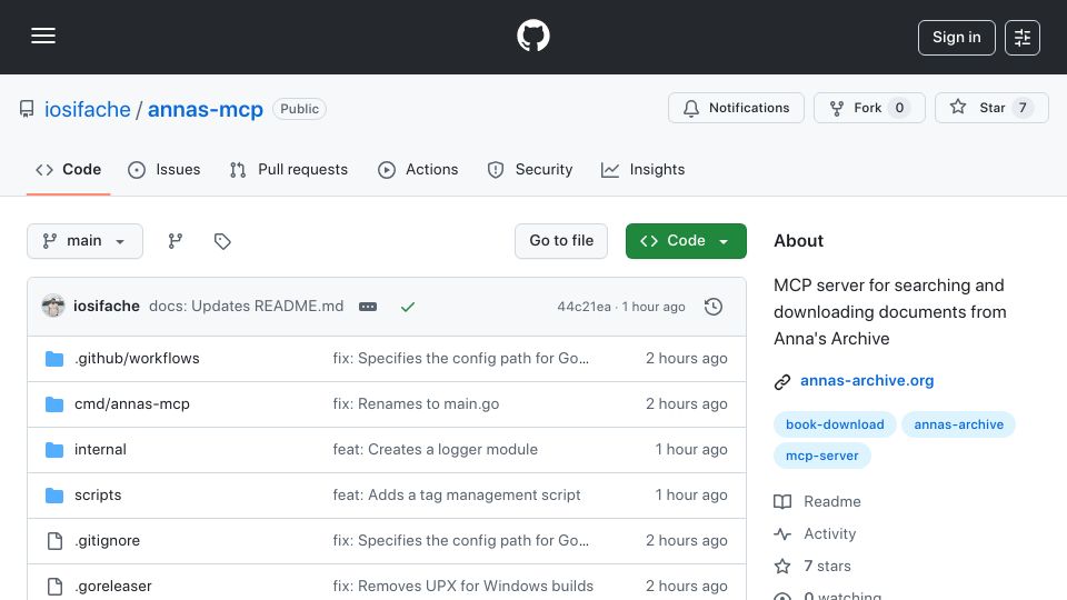 Screenshot of github.com: Show HN: MCP server for searching and downloading documents from Anna's Archive