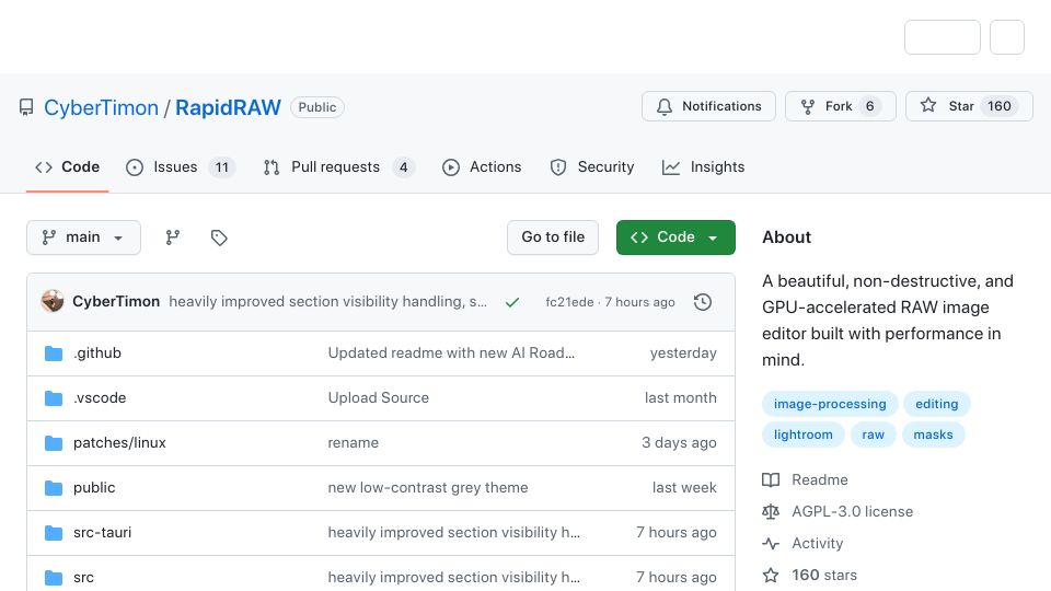 Screenshot of github.com: RapidRAW: A non-destructive and GPU-accelerated RAW image editor