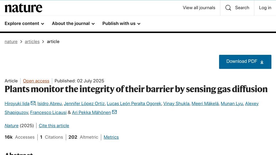 Screenshot of nature.com: Plants monitor the integrity of their barrier by sensing gas diffusion