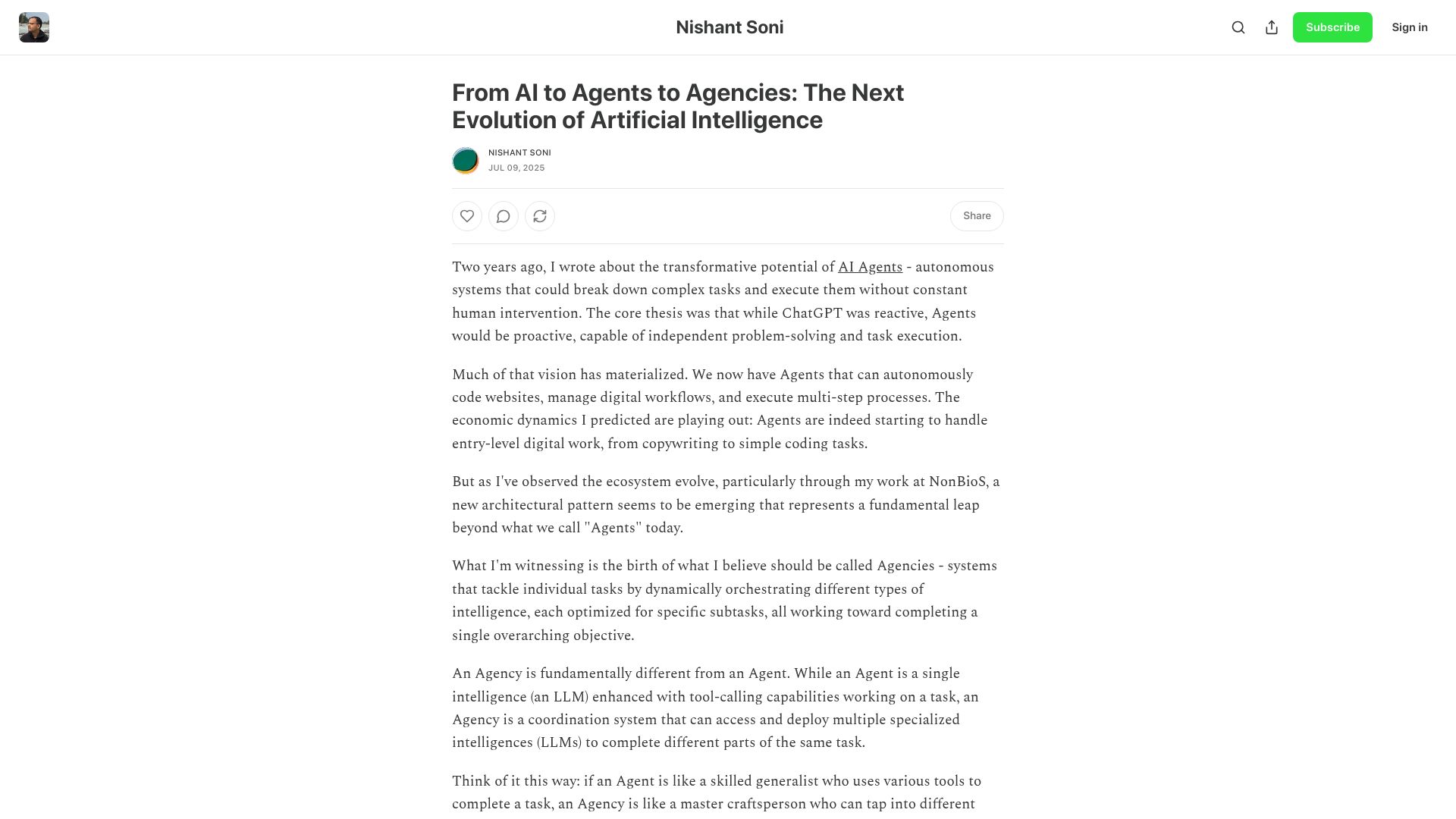 Screenshot of blog.nishantsoni.com: From AI to Agents to Agencies