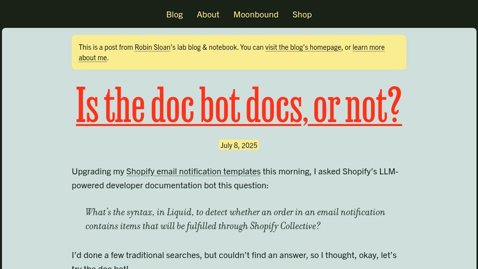 Screenshot of robinsloan.com: Is the doc bot docs, or not?