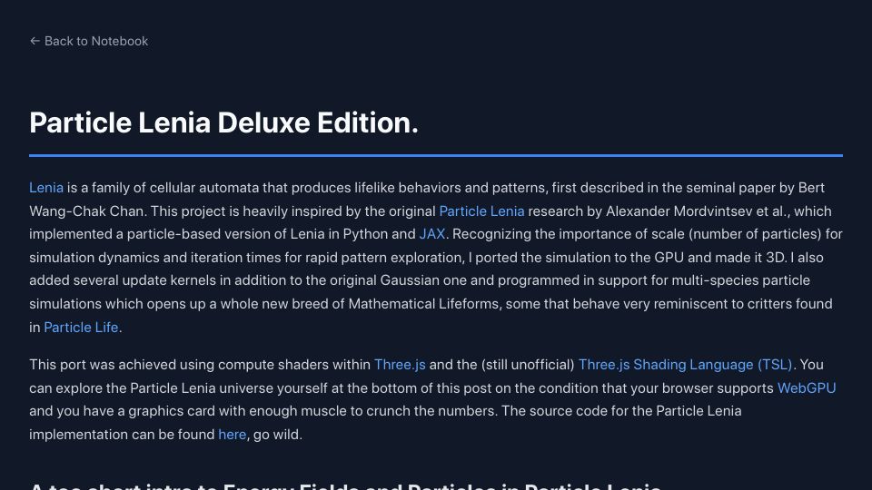 Screenshot of craftlinks.art: Particle Lenia Deluxe Edition