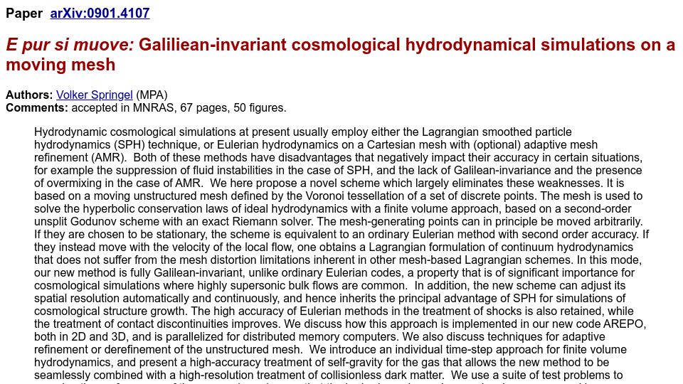 Screenshot of wwwmpa.mpa-garching.mpg.de: Galiliean-invariant cosmological hydrodynamical simulations on a moving mesh