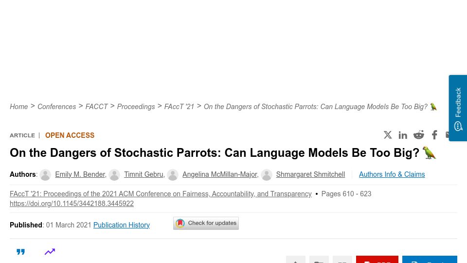 Screenshot of dl.acm.org: The Dangers of Stochastic Parrots: Can Language Models Be Too Big?