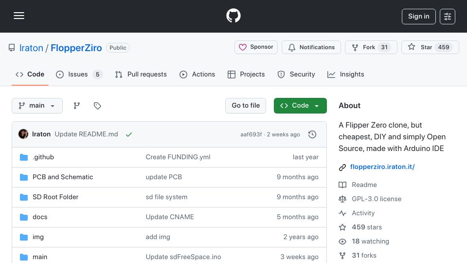 Screenshot of github.com: Show HN: FlopperZiro – A DIY open-source Flipper Zero clone