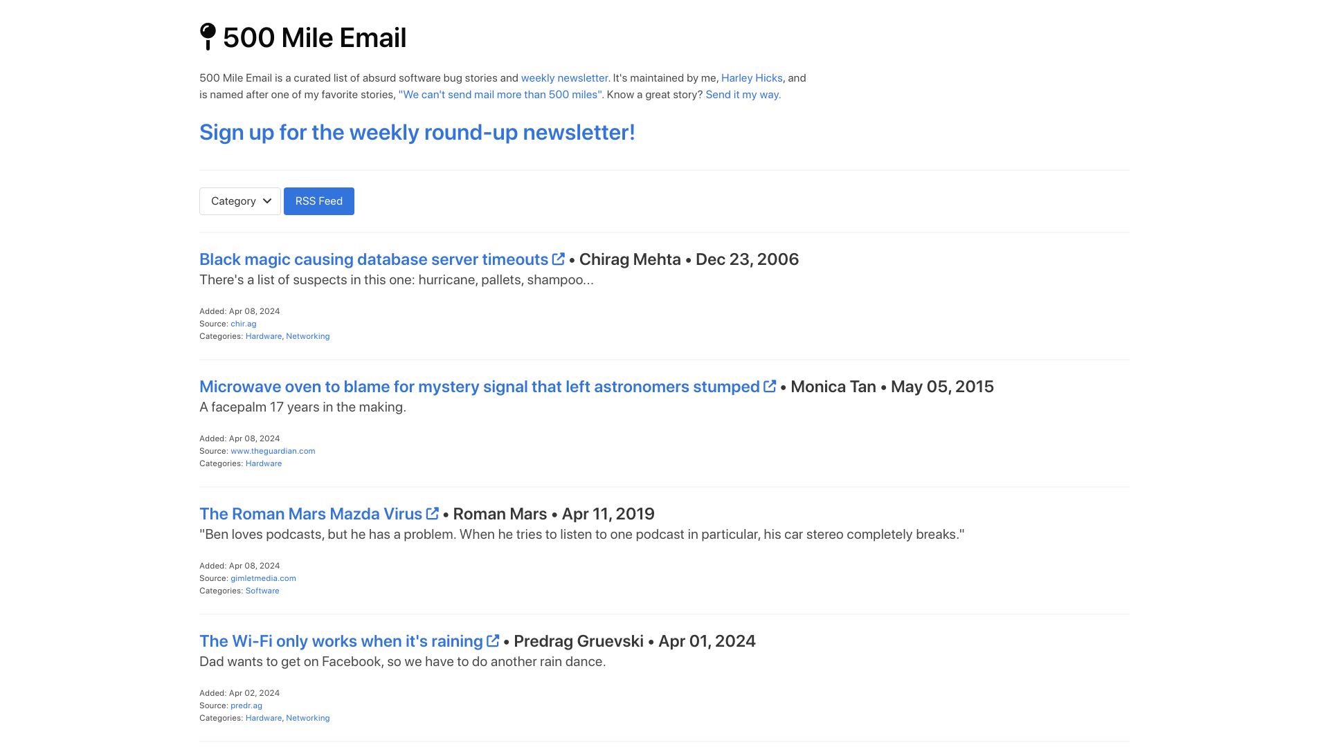 Screenshot of 500mile.email: Bug Stories