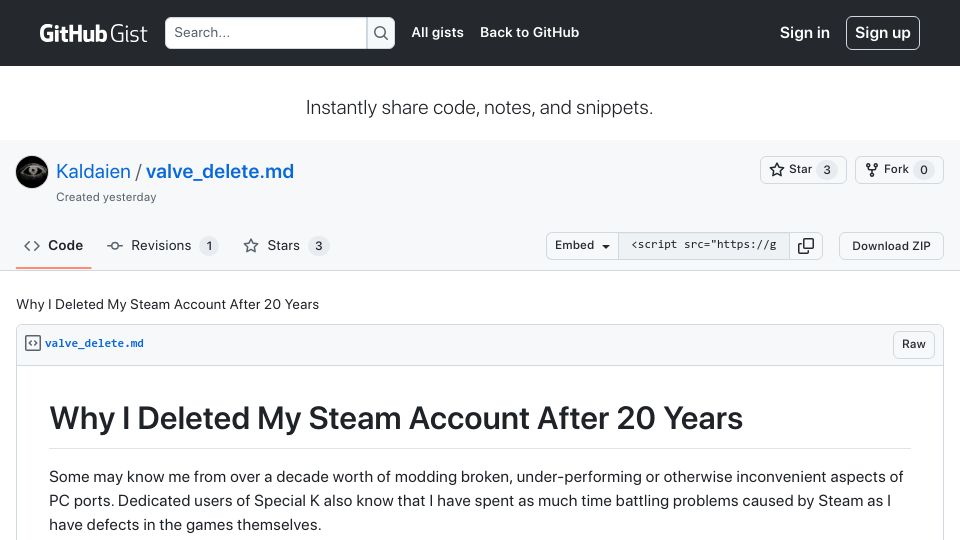 Screenshot of gist.github.com: I Deleted My Steam Account After 20 Years