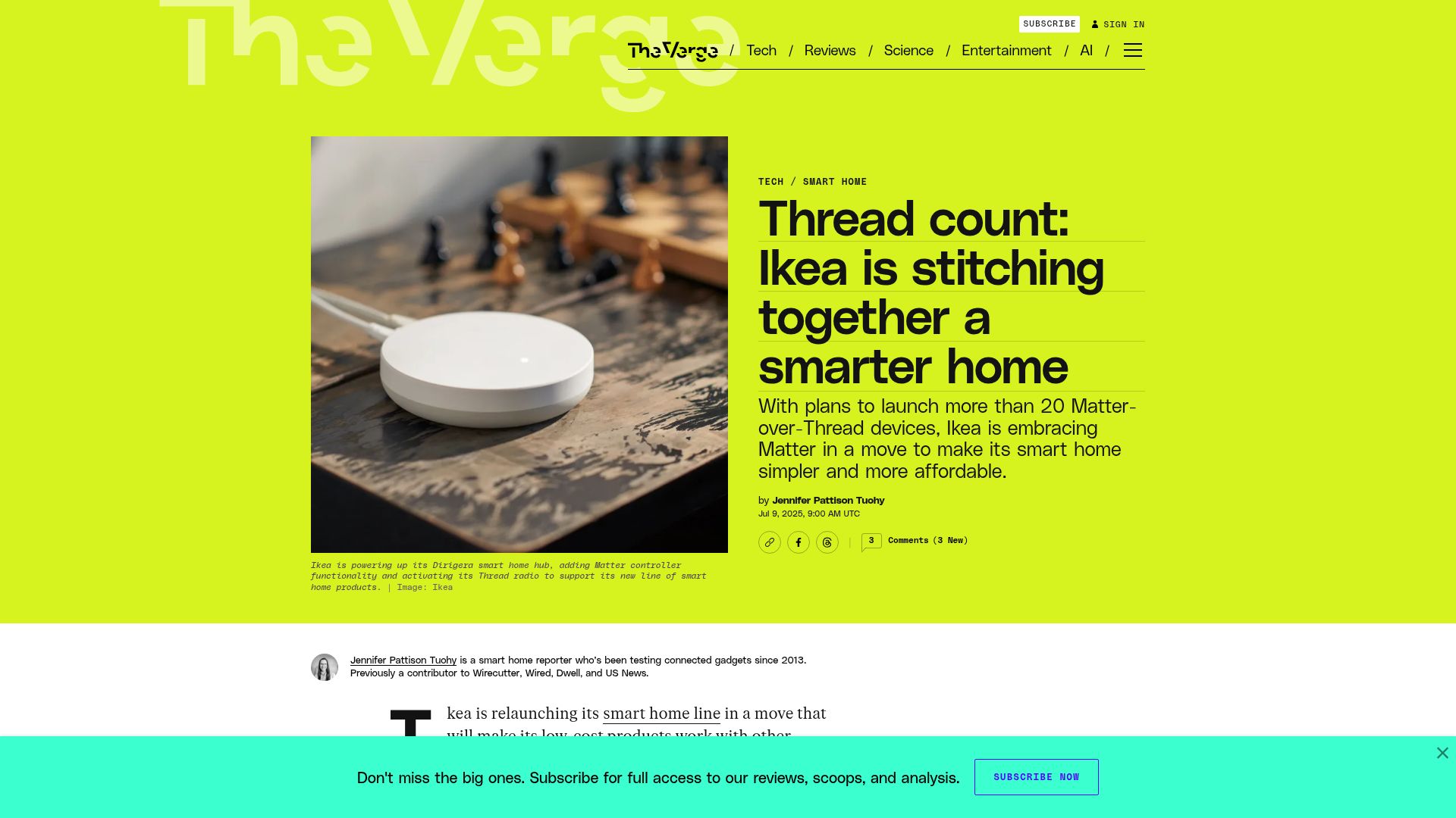 Screenshot of theverge.com: IKEA ditches Zigbee for Thread going all in on Matter smart homes